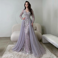 Customized Elegant V-neck Long Sleeve Prom Dresses Tulle Shining Decal Mermaid Evening Dress Detachable Tail