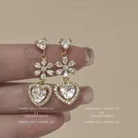 French Gentle Temperament Rhinestone Flower Ear Clip Luxury Shinny Zircon Heart Shaped Clip on Earrings for Women Non Pierced