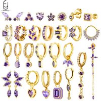 925 Sterling Silver Needle Luxury Purple Zircon Heart Stud Earrings For Women Fashion Geometry Pendant Gold Earring Fine Jewelry
