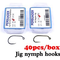 40pcs boxed barbless jig nymph hook flat eye fly fishing hooks tungsten beads attachable 60 degree slim shaft jig fly tying hook