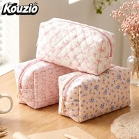 Quilted Cotton Cosmetic Bag, Large Capacity Floral Makeup Pouch, Bow Print Toiletry Organizer Bag - KOUZIO