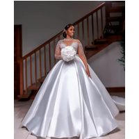 Customized African Elegant White Satin Wedding Dress High Collar Lace Long Sleeve Bride Dress Luxury Beaded robes De mariée