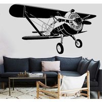 Airplane Retro Biplane Vinyl Wall Sticker Teen Airplane Lover Home Living Room Indoor Kids Room Bedroom Decor Sticker Mural Gift