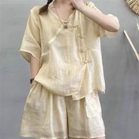2026 Spring/Summer Set New Artistic Retro Handmade Pan Button Cotton and Hemp Top+Shorts Two Piece Set V-neck Short Sleeve Shirt