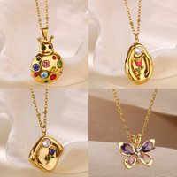Rainbow Zircon Ladybug Necklaces For Women Geometric Pendant Stainless Steel Gold Color Heart Rose Necklace Jewelry Gifts