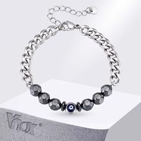 Vnox Evil Eye Hematite Beaded Bracelet for Men Silver Color Stainless Steel Cuban Chain Lucky Protection Charm Jewelry Gift