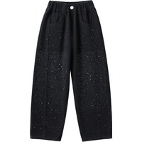 Girls Spring Autumn Jeans New Teens Children's Sky Full Star Rhinestone Loose Wide Leg Denim Pants Fashion Curved Knife Trousers
