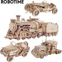Robotime Rokr 3D Puzzle Movable Steam Train,Car,Jeep Assembly Toy Gift for Children Adult Wooden Model Building Block Kits