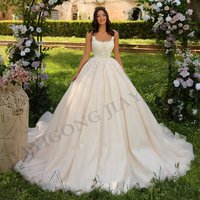 Princess Ball Gown Wedding Dress Customized Square Neck Beading Applique Sweep Train Glitter Bride Women Bridal Dresses Vestidos