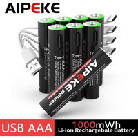 AIPEKE 1.5V USB 1000mWh aaa Lithium Battery Aaa Rechargeable Batteries with 4-in-1 USB Cable for Smoke Detector Game Machine