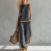 Summer Casual Women's Two-piece Sleeveless Contrasting Color Wide-leg Trousers 2026 New Fashion Solid Color Suit For Women