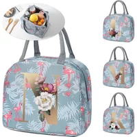 Lunch Box Thermal Bag Cute Sweet Trendy Tote Food Storage Bag Organizer Kids Blue Flamingo Printing Gold Letter Series
