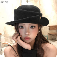 【NN74】French Hepburn Style Elegant Black Top Hat Women's Autumn Winter Rolled Edge Woolen Hat Fashionable Fisherman Hat【W4】