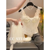 Elegant Style Lace Splice Strap Vest Women's Summer New Fishbone Bra outside Wear Sexy Slim Back Beautiful Back Vest