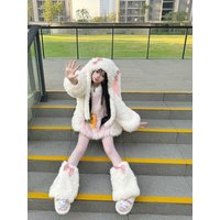 Fluffy Plu Rabbit Set Fce Lined Warm Spwear Home Clothes Jaet for College Students Trendy Girl Tee Piece Suit