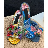 Red Yellow Multi-Color Floral Printed Crystal Mules Thin High Heel Flowers Embellished Gem Stone Modern Slippers Slip-On Pumps