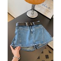 High Waist A-Line Denim Skort with Pockets Vintage Washed Casual Mini Skirt Women Summer Skorts and Built-in Shorts