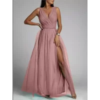 Elegant Solid Color Fine Sparkle Party Dresses Women Temperament V-neck Leace-up Mesh Slit Long Dress Evening Vestidos Female