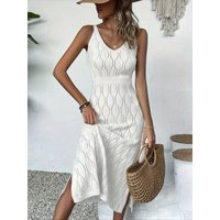 Summer Breathable Hollow-Out Knit Dress, White V-Neck Spaghetti Strap Waist-Cinching Slimming Slit Vacation-Style Long Dress
