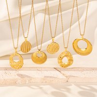 1pc Minimalist Stainless Steel Round Hollow Texture Pendant Necklace Real Gold Plated Folds Long Necklaces Collar Accessories