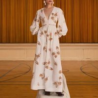 Women Three-dimensional embroidery linen maxi dress v-neck long sleeve high waist fashion long dress