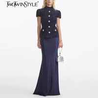 TWOTWINSTYLE Slimming Two Piece Sets for Women Half High Neck Short Sleeves Spliced Single Breasted Top High Waist Skirt Female