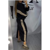 Fashion Long-sleeved O-neck Top + Skirt 2-piece Set Women Autumn Color Matching Loose Casual Sweatshirt Slit Skirt Suit Female