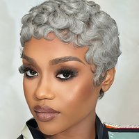 Remy Human Hair Wig - full machine made wig 150% Density short Curly Pixie Cut with Bangs, Grey/613 Salt & Pepper Texture,