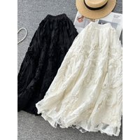 Retro Heavy Work 3D Flower High Waist Half Body Skirt Women's Versatile Slimming A-Line Puffy Skirt Elegant Midi Umbrella Skirt
