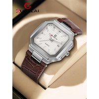 GUSALAI Men's Fashion Watch with Automatic Calendar, Square Design Quartz Watch, Leather Strap, Ideal Gift for Boyfriend