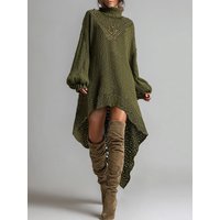 Women's Turtleneck Knit Sweater Dress Puff Sleeve High Low Hem Loose Asymmetrical Hem Hollow Out Crochet Knit Dress for Women