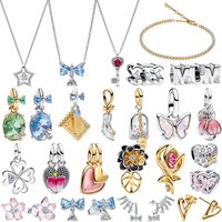 S925 Silver Star Key Blue Bow Gem Pendent Necklace Bone Bracelet Earrings Floral Butterfly Notebook Charms Beads Plate Jewelry