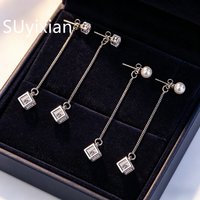 925 Sterling Silver Temperament Fashion Square Pearl Zircon Earrings Birthday Party Anniversary Gift