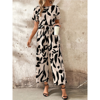 Apricot Backdrop Silhouette Flower Pattern, Simple & Comfortable Waist Cinching Women's Jumpsuit, Summer Outfits for Women, Vacation