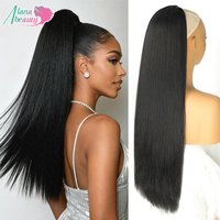 Synthetic 26 Inches Kinky Straight Clip-In Ponytail Hair Extensions Yaki Straight Black Clip-On Ponytail with Natural Texture