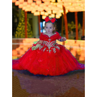 Red Flower Girl Dress Transparent Sleeve Bow For Girl Outfit Baptism Banquets Weddings Festivals Activity Communion