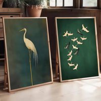 Japanese Style Retro Crane Green And White Bird Poster Self-adhesive Art Waterproof Paper Sticker House Bar Room Wall Decor