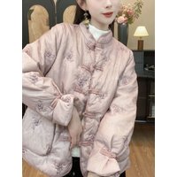 Ele Winter Cotton Jaet Women's New Chinese Sle National Trend Button Embroidery Interlined Thiened Warm Cottonwear