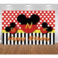 Red Polka Dot Mickey Mouse 1st Birthday Backdrop, Happy 1st Birthday Banner Black White Stripes, Kids First Birthday Party