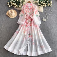 New Women Spring Autumn Print Flower Stand Collar Long Sleeve Single Breasted Holiday Boho Party Fashion Elegant Dresses