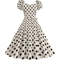 Retro Polka Dot Puff-Sleeve Midi Dress for Women Elegant 50s Style Summer Party Gown Vintage Outfit with Short Sleeves