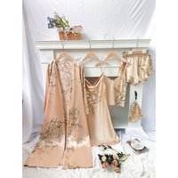 Women's Five-Piece Pajama Set Floral Print Long Robe Slip Dress Cami Top Shorts Pouch Sleepwear Loungewear