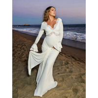 Maternity Dress Photoshoot White Lace Deep V Long Sleeve Pregnancy Gown Flare Sleeve Maternity Photography Outfit Beach Dress