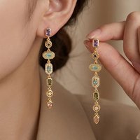 Stainless Steel Colorful Rhinestone Long Tassel Earrings For Women Crystal Zircon Geometric Drop Earrings Party Wedding Jewelry