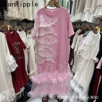 Fashion New Spring Summer Loose Waist Short Sleeve Dress All-match Round Neck Embroidery Lace Mesh Ruffles Mid-long Fairy Dress