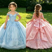 New Flower Girl Dress Gorgeous 3D Flower Crystal Lace Applique Girls Pageant Dresses with Long Bow Beaded First Communion Dress