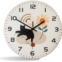 Simple Black Cat and Sunflower Pattern Wooden Wall Clock for Living Room, Bedroom, Kitchen, Home Decoration, Silent Quartz Clock, Holiday Gift, 10 Inches, 12 Inches (No Battery)