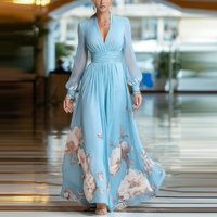 Spring Sexy V-neck High Waist Swing Dress Summer Casual Lantern Long Sleeve Chiffon Dress Women Elegant Floral Print Long Dress
