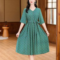 Vintage Printed Half Sleeve Dresses Casual V-Neck Women's Clothing Fashion Drawstring 2024 Summer Loose A-Line Waist Midi Dress