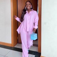 New African Fashion Women Two Piece Set Pink Color Irregular Splite Waist Back Shirt Top And Pants Set